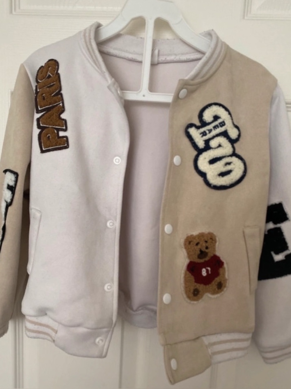 SHEIN size 6 girls Kids Teddy Patch Beige & White Varsity Jacket